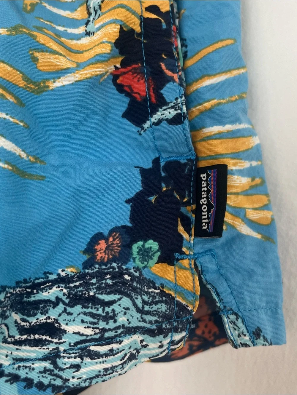 Patagonia Women’s Barely Baggies Swim Shorts Sz Small Blue Tropical Print